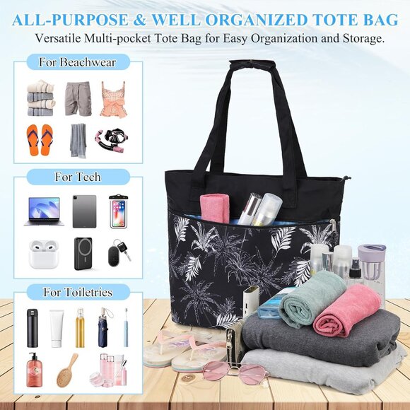 Women Black Coconut Tree Large Lightweight Zipper Travel Tote Separation Bag - Picture 5 of 7